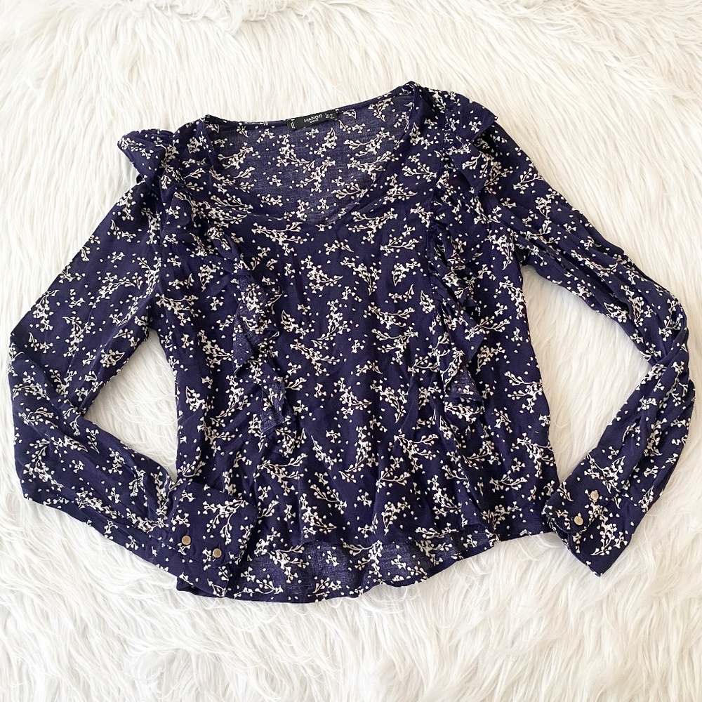 Mango Blue White Floral Long Sleeve Blouse